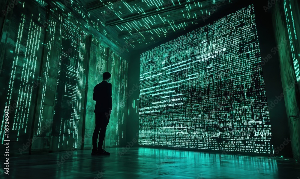 Poster futuristic digital environment with glowing green binary code and a silhouette of a person contempla