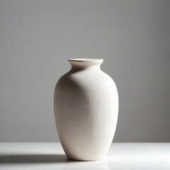 Vertical closeup of a white clay vase on the table under the lights against a white background