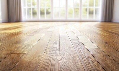 Elegant wooden flooring with natural light streaming through large windows, showcasing a warm and inviting interior space