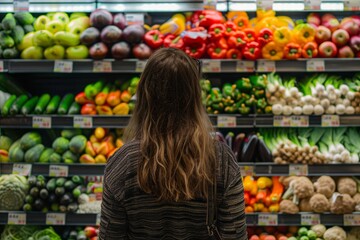 A woman stands in front of a vegetable display in a grocery store