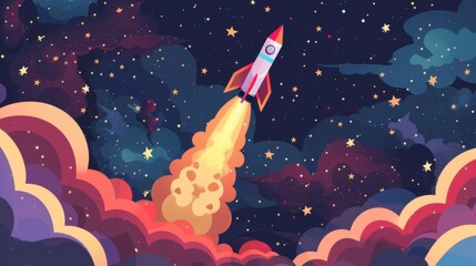 Rocket takes off in the starry sky. Spaceship begins the mission. Space shuttle taking off on a mission.