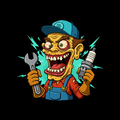 A cartoon illustration of a manic mechanic grinning wildly while holding a wrench and spark plug.