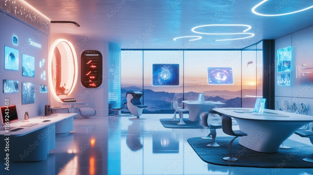 Poster a futuristic workspace with holographic tools and seamless hybrid learning environments, showcasing 