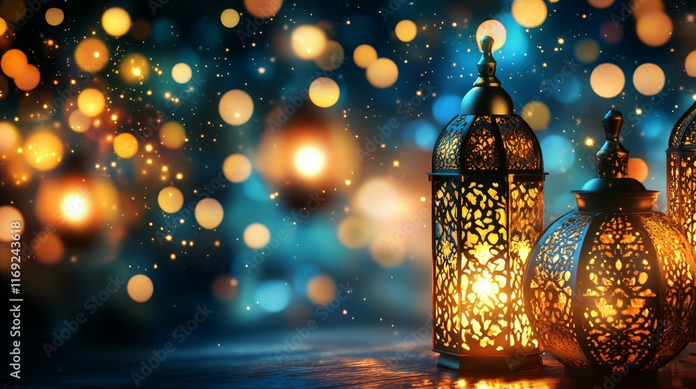 Poster a serene display of illuminated lanterns against a bokeh background, creating a warm ambiance.