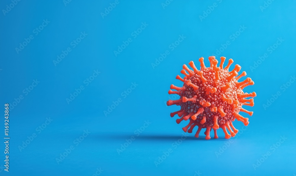 Poster virus model representation on blue background showcasing detailed structure and texture, emphasizing