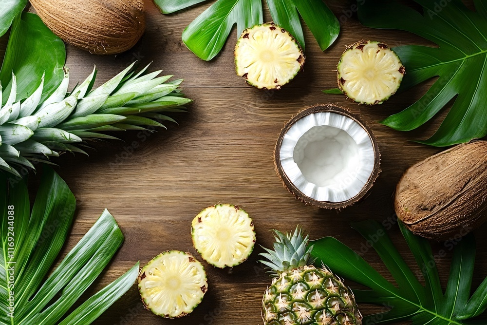 Poster fresh pineapples and coconuts are lying on a wooden table decorated with palm tree leaves, creating 