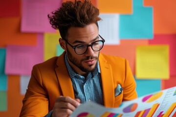 Strategic business consultant reviews data in a vibrant office setting