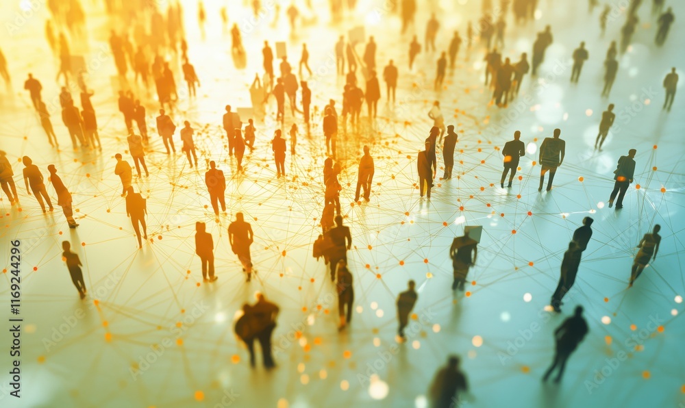 Poster crowd of people connected by network lines representing social interaction and communication in digi