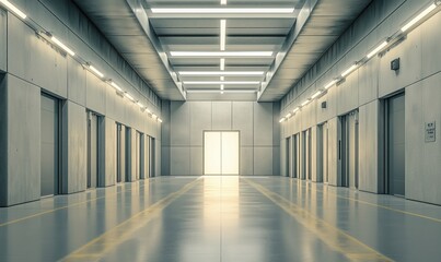 Modern industrial corridor with multiple elevator doors and bright lighting, showcasing sleek design and spacious layout