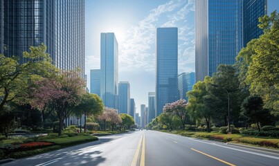 Modern urban skyline with glass skyscrapers and vibrant greenery along the boulevard