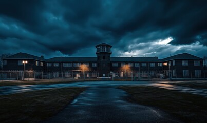 Abandoned prison building under ominous stormy sky with dark clouds, illuminated by streetlights, showcasing eerie atmosphere and security features