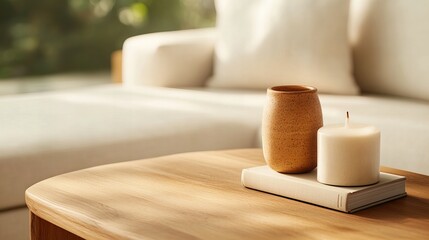 A serene scene featuring a beige candle and a textured, light brown vase on a wooden table. The background subtly showcases a white couch, adding to the peaceful ambiance.
