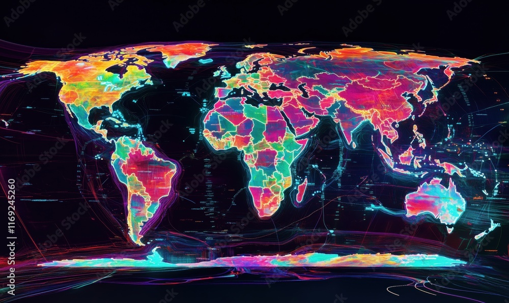 Poster vibrant neon world map with colorful geographical regions and data visualization elements