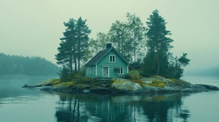 Fototapeta premium Tranquil island with a quaint house amidst serene waters.