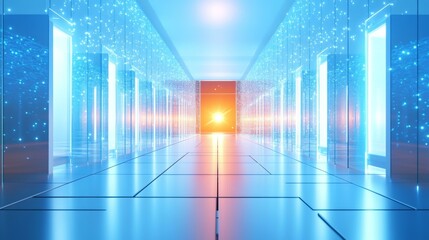 Futuristic Server Room Corridor with Neon Lights