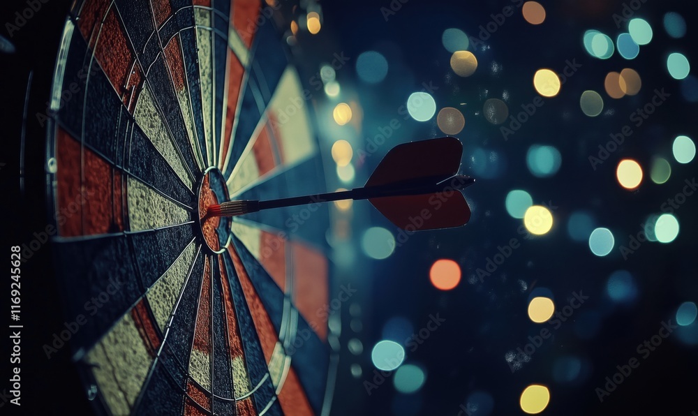 Poster dartboard with dart hitting bullseye, colorful bokeh background, focus on precision and skill in dar