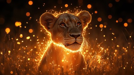 Fiery lion cub in glowing grass.