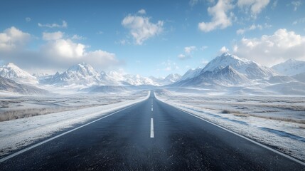 Serene Winter Road Leading to Majestic Snow-Covered Mountains