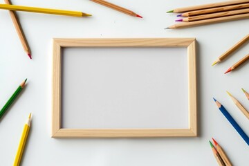 A white frame with a blank space sits on a table with a bunch of colored pencils