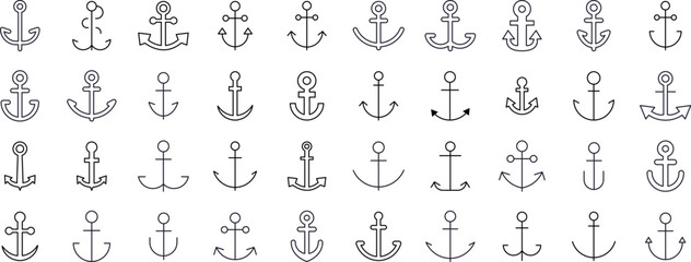 Ship Line Icon Collection. Anchor Outline Signs for Graphic and Web Design, Apps, Adverts, Various Cards