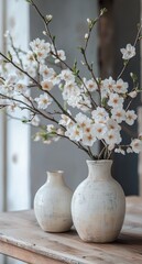Beautiful white flower arrangement in minimalist vases displayed on wooden table