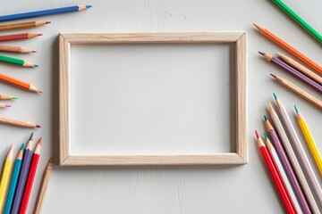A white frame with a blank space sits on a table with a bunch of colored pencils
