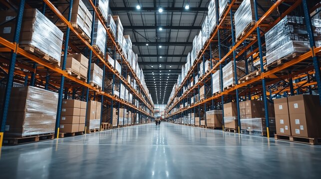 Large Warehouse with Rows of Shelves and Palletized Goods Inside