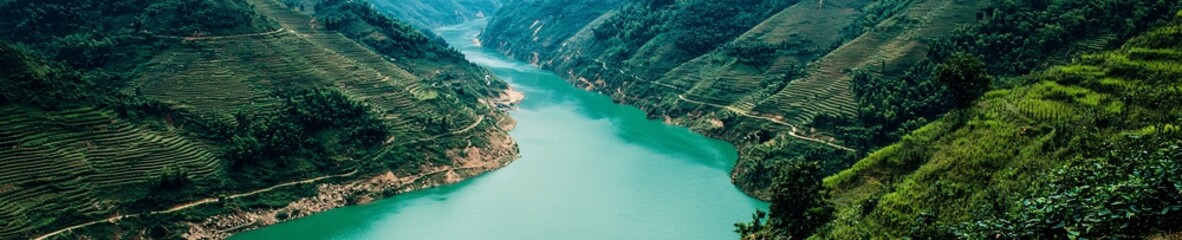 Serene River Valley Lush Green Terraces Scenic Landscape Photography