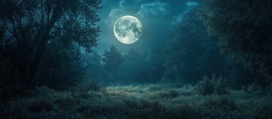Fototapeta premium Mystical Moonlit Forest Landscape With Glowing Sky and Ethereal Atmosphere Serene Tranquil and Enchanting Nighttime Woodland Scene Under a Bright Full Moon and Cloudy Sky