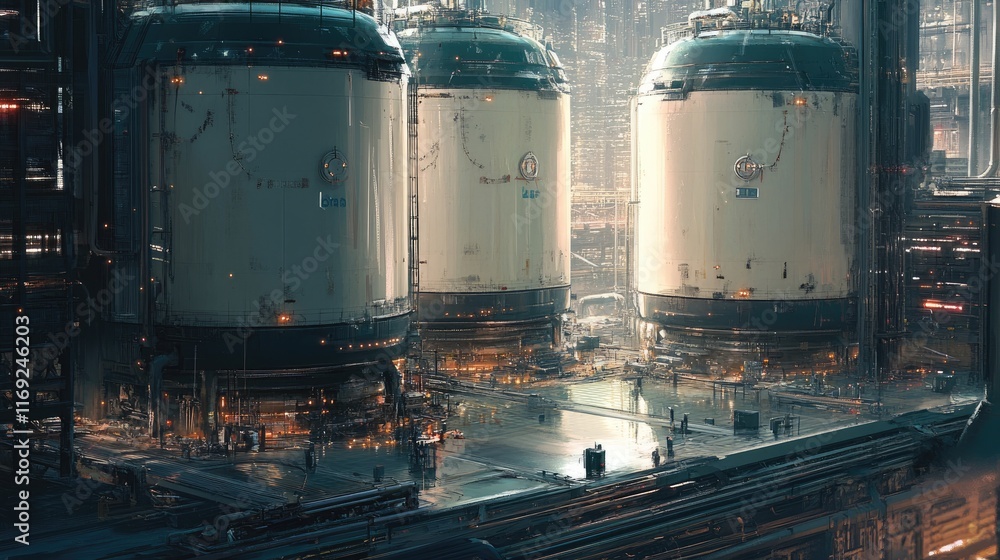 Aufkleber a high-tech industrial plant with three large tanks and intricate piping, showcasing a sleek and eff