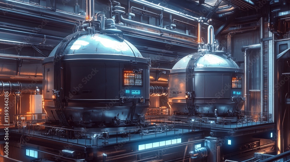 Poster a high-tech industrial plant with three large tanks and intricate piping, showcasing a sleek and eff