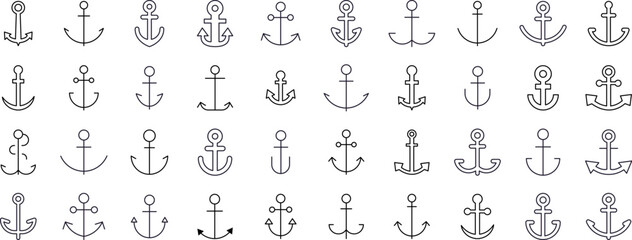 Ship Line Icon Pack. Anchor Outline Signs for Graphic and Web Design, Apps, Adverts, Various Cards