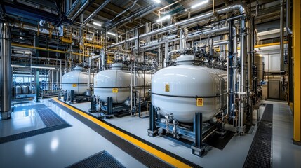 Fototapeta premium A high-tech industrial plant with three large tanks and intricate piping, showcasing a sleek and efficient storage system.