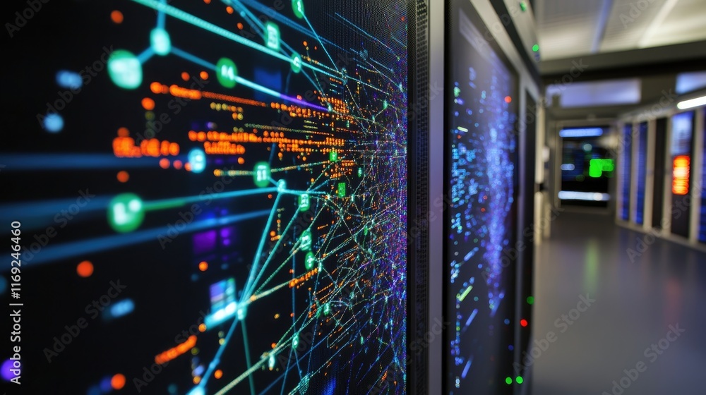 Aufkleber A high-tech server displaying a network visualization with real-time data analysis, representing improved connectivity and data management.