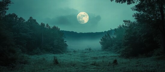 Fototapeta premium Serene and enchanting moonlit forest landscape with a glowing full moon casting a mystical ethereal light over the trees and wilderness The moody atmospheric setting evokes a sense of wonder mystery