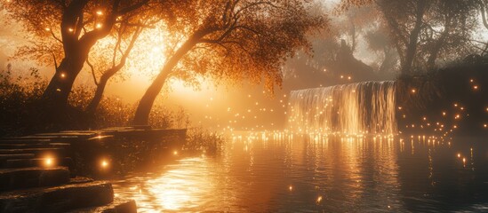 Magical waterfall at sunset with glowing lights.