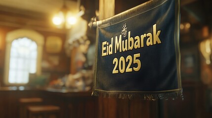 A dark blue Eid Mubarak 2025 banner hangs in a softly lit room. Perfect for Eid greetings or festive social media posts.