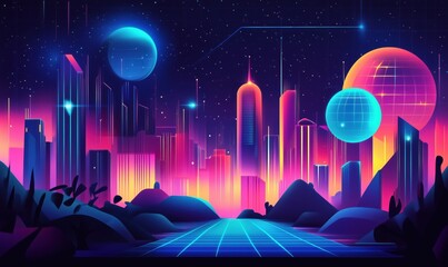 Futuristic cityscape with neon colors, glowing planets, and starry sky, showcasing vibrant skyline and geometric shapes