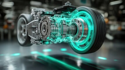 Fototapeta premium A holographic representation of a vehicle's braking system, featuring detailed internal components and engineering insights.