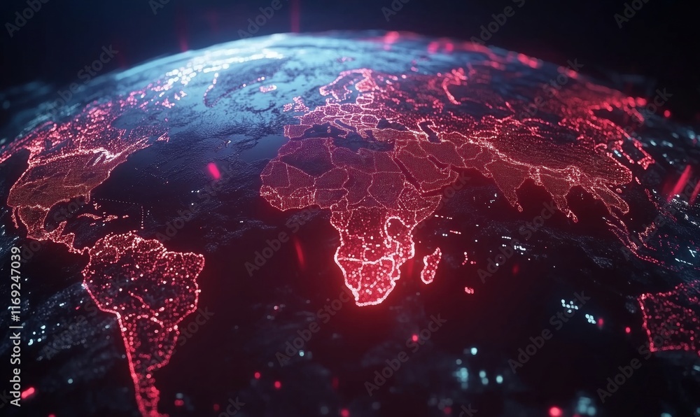 Poster glowing red network map of earth with focus on africa and europe, digital visualization of global co