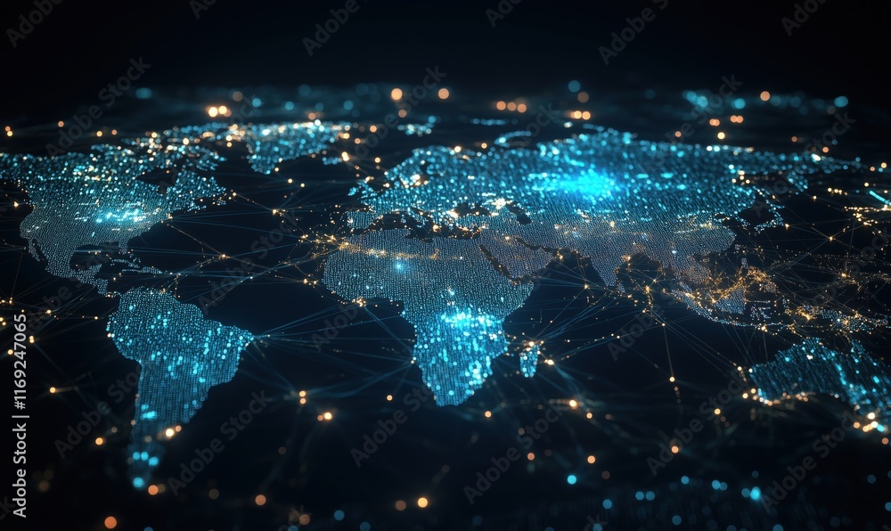 Poster digital world map visualization with network connections and data points representing global connect