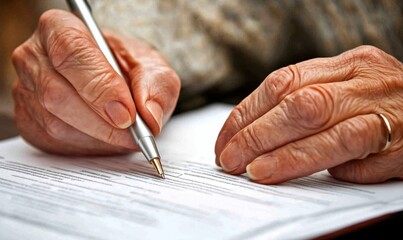 Elderly hands signing document with pen, showcasing importance of paperwork and documentation in daily life