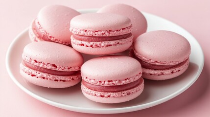 Four delicious pink macarons displayed on a white plate against a soft pink background