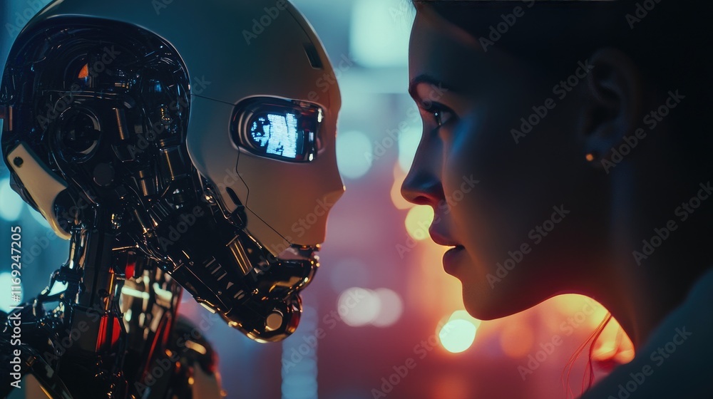 Poster a human interacting with a robotic ai, symbolizing the future of technology, machine learning, and h