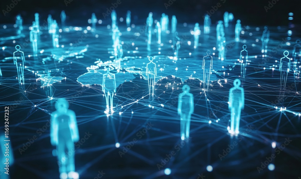 Poster digital network connecting global figures, representing interconnectedness and data flow across cont