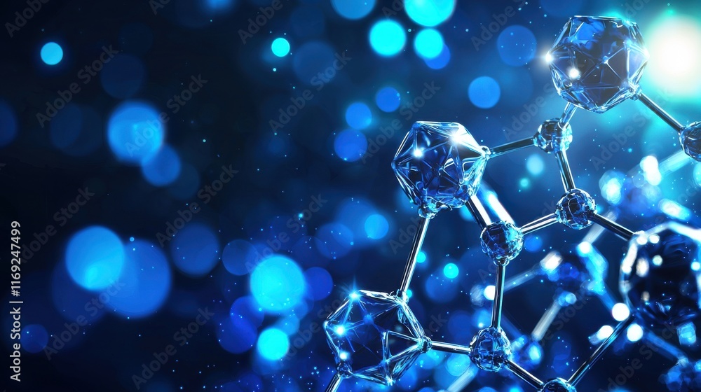 Poster exploring molecular structures in blue light science laboratory close-up