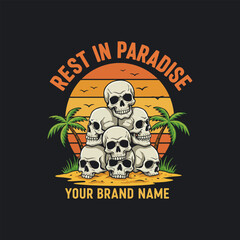 Fototapeta premium A graphic design featuring a pile of skulls on a tropical beach at sunset with the words Rest in Paradise.