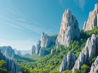 Majestic rocky formations amidst lush greenery in a stunning valley under a bright blue sky on a sunny day.