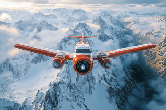 Scenic flight over snow-covered mountains in a bright red aircraft - Powered by Adobe
