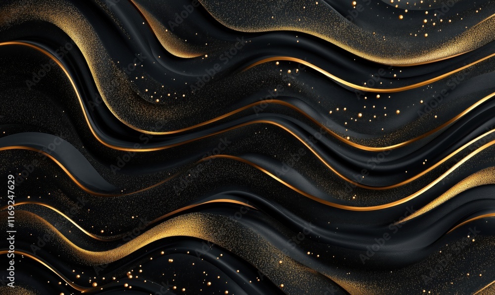 Poster Elegant black and gold abstract waves with shimmering textures and flowing patterns